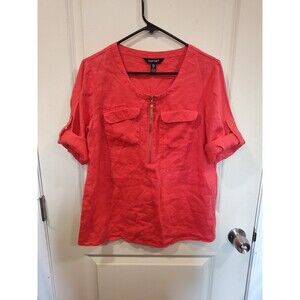 Women's Ellen Tracy 100% Linen Roll Tab Sleeves Tunic Blouse Small Bright Pink